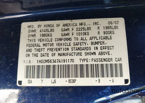 2007 Honda Accord 2.4 Se из США, поврежденный, VIN 1HGCM56347A191170